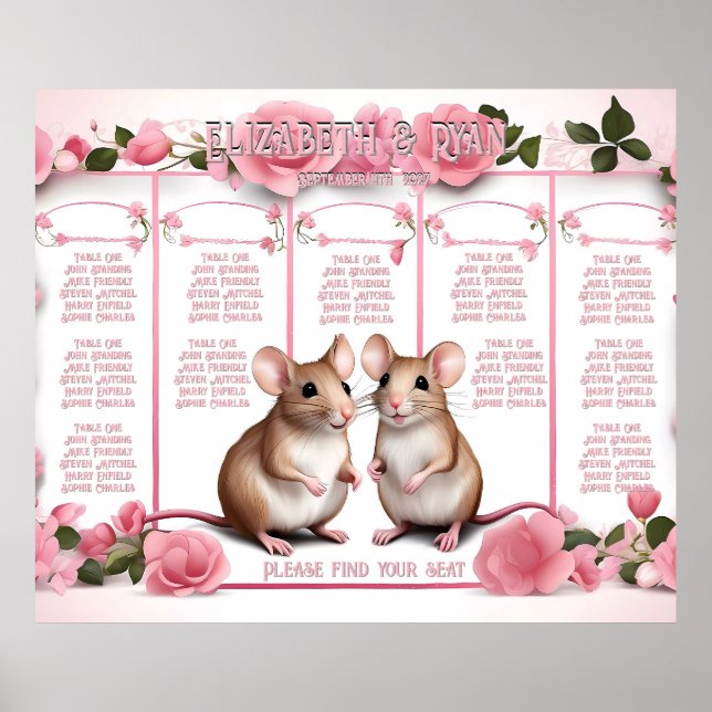 Poster Plano Elegante de Mesa de Casamento Rosa-Rosa (Frente)