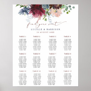 Poster Plano Floral de Casamento de Borgonha e Marinho