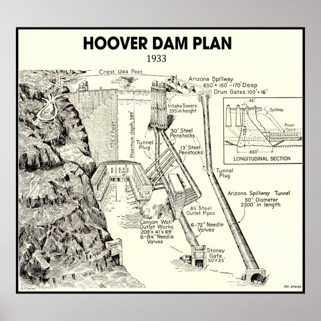 POSTER PLANO RETIRADO À MÃO DA BARRAGEM DE HOOVER 1933 (Frente)