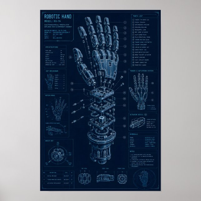 Poster Plano Técnico de Mão Robótica (Frente)