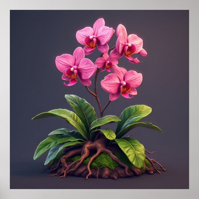 Poster Planta de Orquídea Rosa Com Folhas Verdes (Frente)