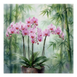 Póster Planta de Orquídea Rosa em Fundo de Bambu