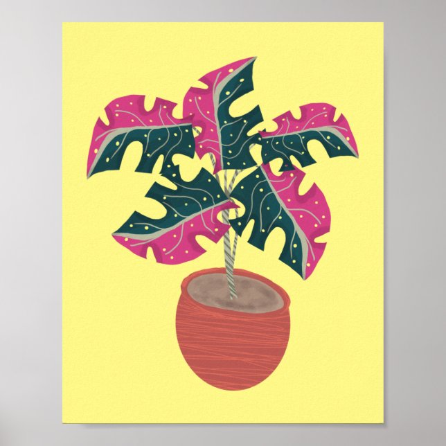 Poster Planta Monstera Rosa Desenhada à Mão (Frente)
