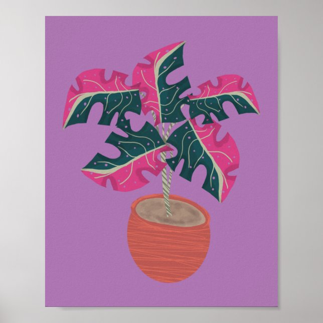 Poster Planta Monstera Rosa Desenhada à Mão (Frente)