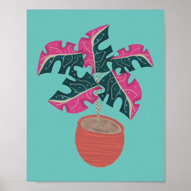 Poster Planta Monstera Rosa Desenhada à Mão (Frente)