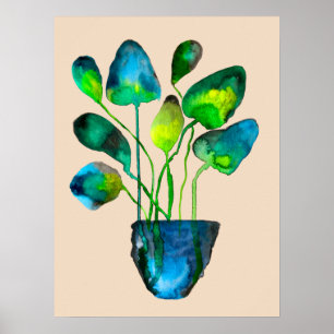 Poster Plantas aquáticas de arte verde e abstrato azul