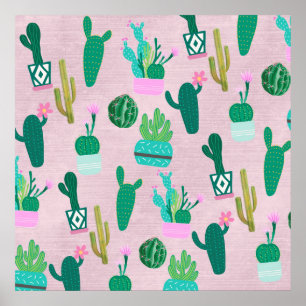 Poster Plantas Cactos Cactáceas do Sudoeste Rústico Rosa