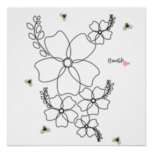 Póster Plantas coloridas e design de aquarela de abelha