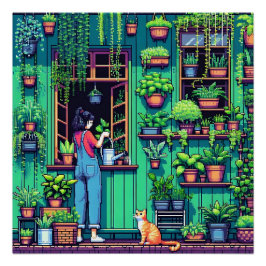 Póster Plantas de Arte e Gato de Pixel Personalizadas