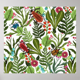 Poster Plantas decorativas e insetos: Design sem costura.