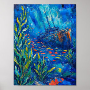 Poster plantas oceânicas navio afundado pintura abstrata