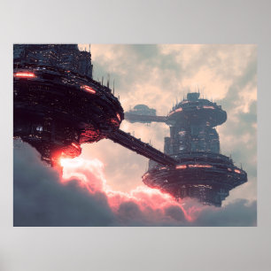 Poster Plataformas futuristas nas nuvens ao crepúsculo