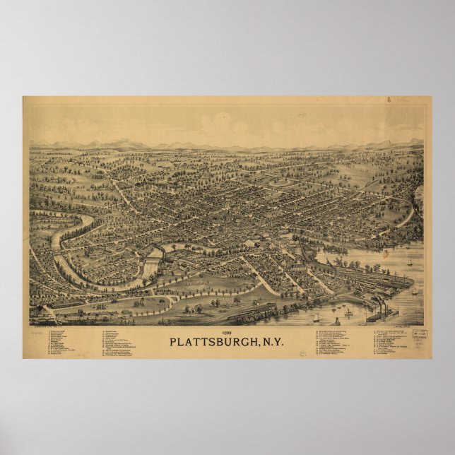 Poster Plattsburgh 1899, NY Birds Olham Ver Mapa Panorâmi (Frente)