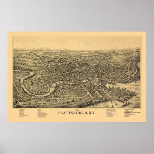 Póster Plattsburgh, mapa panorâmico de NY - 1899