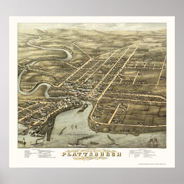 Poster Plattsburgh, Novo Mapa Panorâmico - 1877 (Frente)