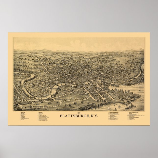 Póster Plattsburgh, Novo Mapa Panorâmico - 1899 (Frente)