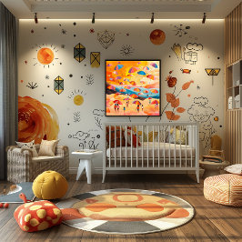 Póster Playa de Paraguas: Paisaje Folk y Naive Colorido