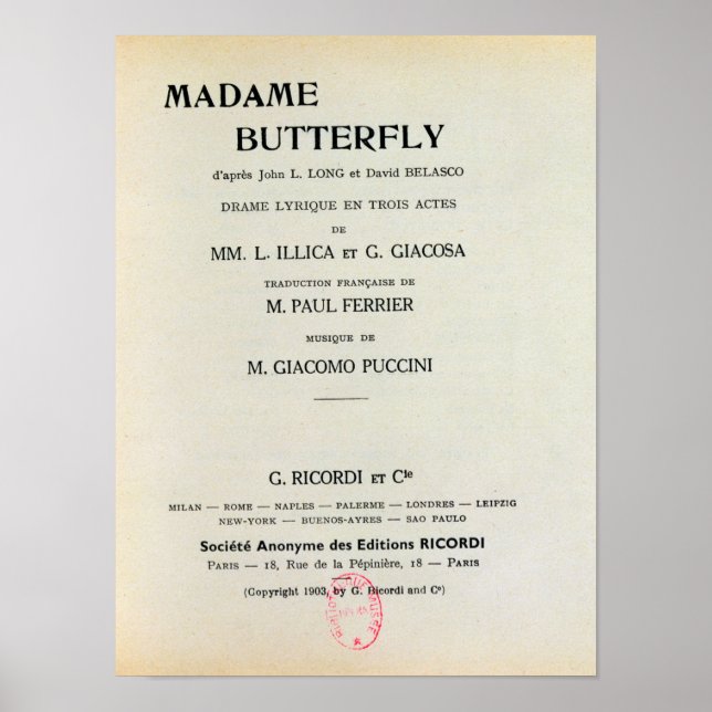 Poster Playbill for Madame Butterfly por Giacomo (Frente)