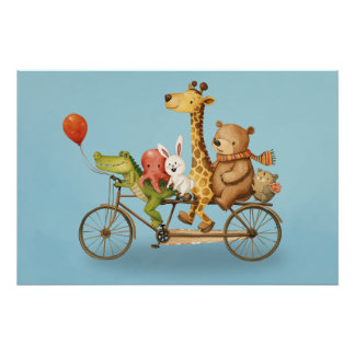 Póster Playful Animal Friends on Bike Illustration Poster