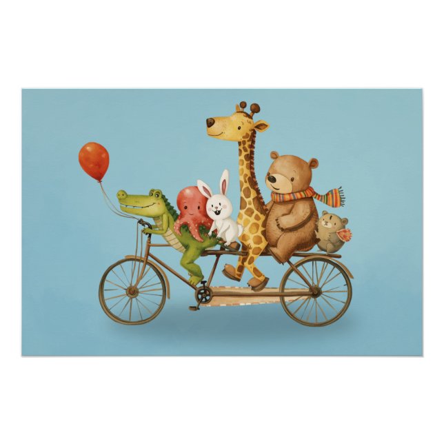 Póster Playful Animal Friends on Bike Illustration Poster (Frente)