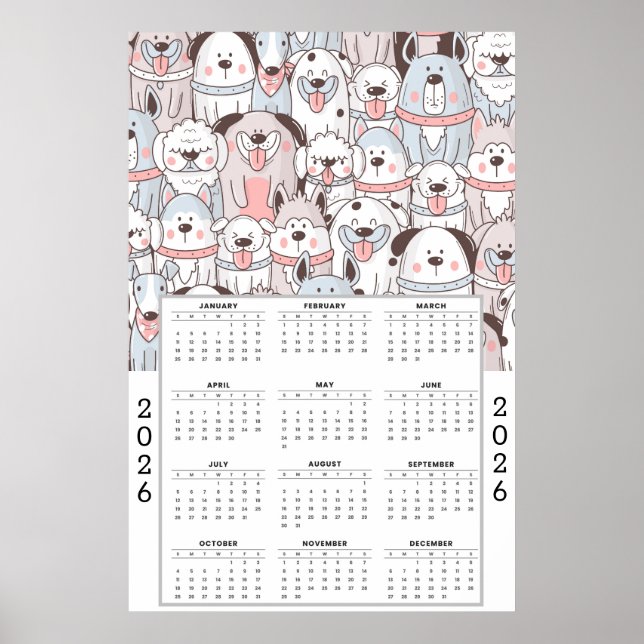Poster Playful Cartoon Dog Pattern with 2026 Calendar (Frente)