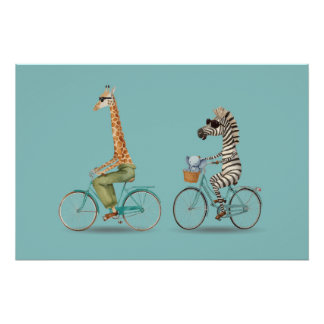 Póster Playful Giraffe and Zebra Cycling Poster