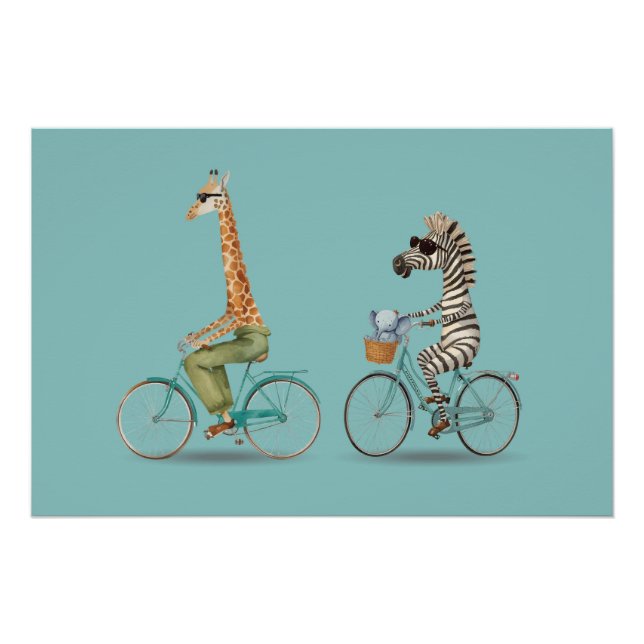Póster Playful Giraffe and Zebra Cycling Poster (Frente)