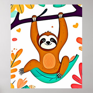Poster Playful Sloth Hanging de uma Árvore
