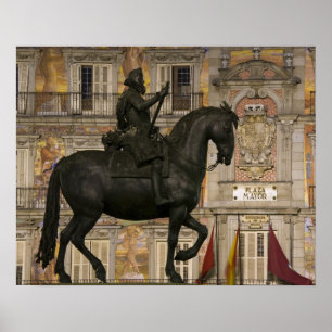 Poster Plaza Mayor com a estátua de Filipe III, Madrid,