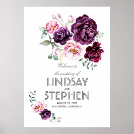 Póster Plum Burgundy Blush Floral Watercolor Sinal