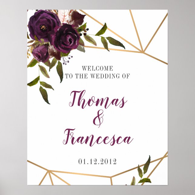 Poster Plum Floral Faux Dourado Geométrico Sinal de Boas- (Frente)