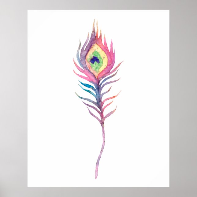 Poster pluma de pavão em aquarela rosa (Frente)