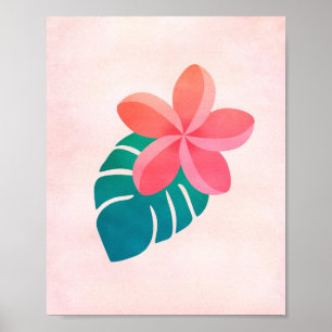 Poster Plumeria Floral Tropical Folhas Aquarelas Arte