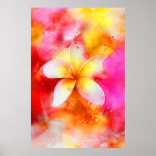 Poster Plumeria Havaiana em Rosa Néon, Amarelo e Branco