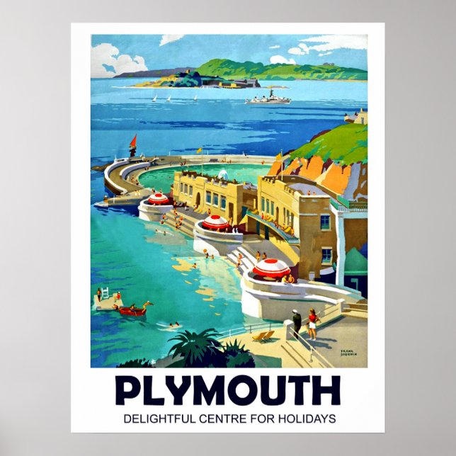 Poster Plymouth, paisagem costeira, viagens vintage (Frente)