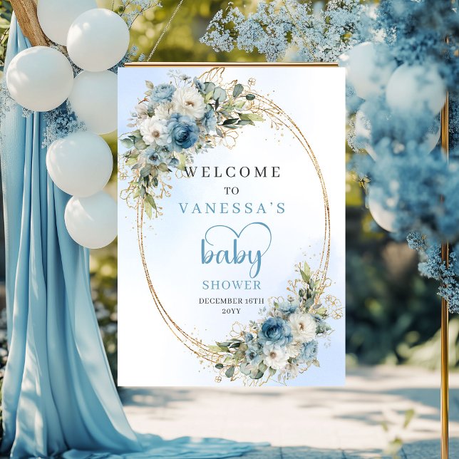 Poster Pó de Aquarela Flores Azul Bebê Dourado Sinal de C (Watercolor Dusty Blue Flowers Gold Baby Shower Sign

)