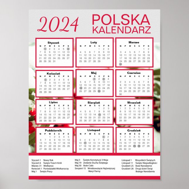 Poster Pobierz Kalendarz | Polska 2024 Calendário Polonês (Frente)