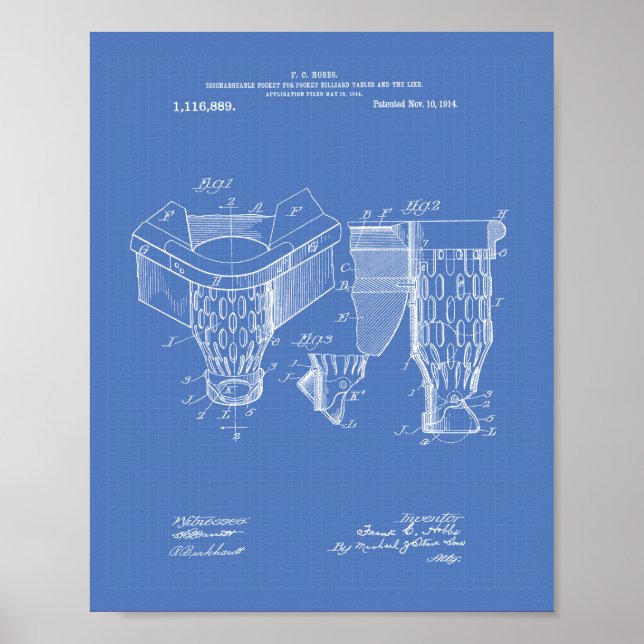 Póster Pocket Billiard 1914 Patent Art - Blueprint (Frente)