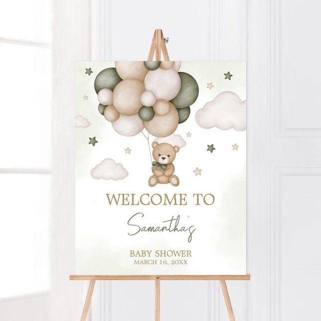 Poster Podemos Esperar Boho Verde Bem-vindo (Green Boho Teddy Bear Baby Shower Welcome Sign)