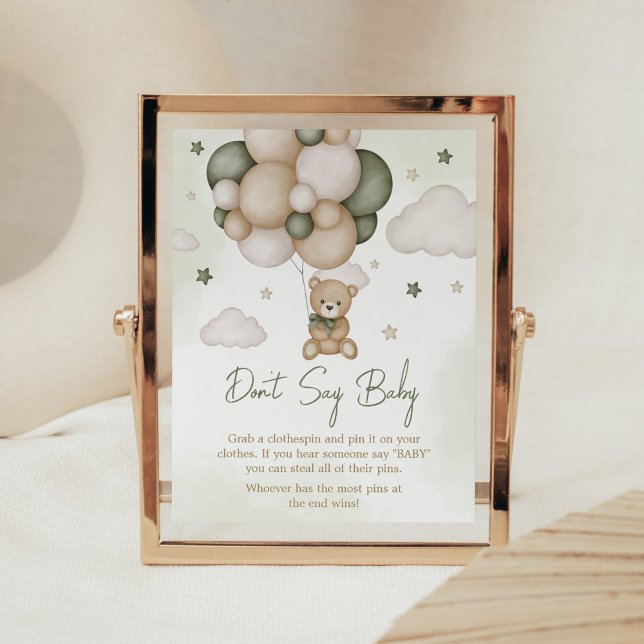 Poster Podemos esperar Boho Verde Não diga amor (Green Boho Teddy Bear Baby Shower Don't Say Baby Sign)