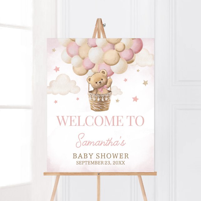 Poster Podemos Esperar O Bebê Rosa Bem-Vindo (Girl Teddy Bear Balloon Baby Shower Welcome Sign)