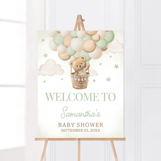 Poster Podemos Esperar O Bebê Verde Bem-Vindo (Boho Green Teddy Bear Baby Shower Welcome Sign)