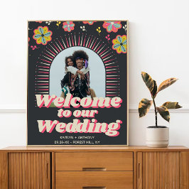 Poster Poder das Flores Casamento Retro Groovy Bem-vindo