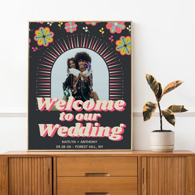 Poster Poder das Flores Casamento Retro Groovy Bem-vindo  (Criador carregado)