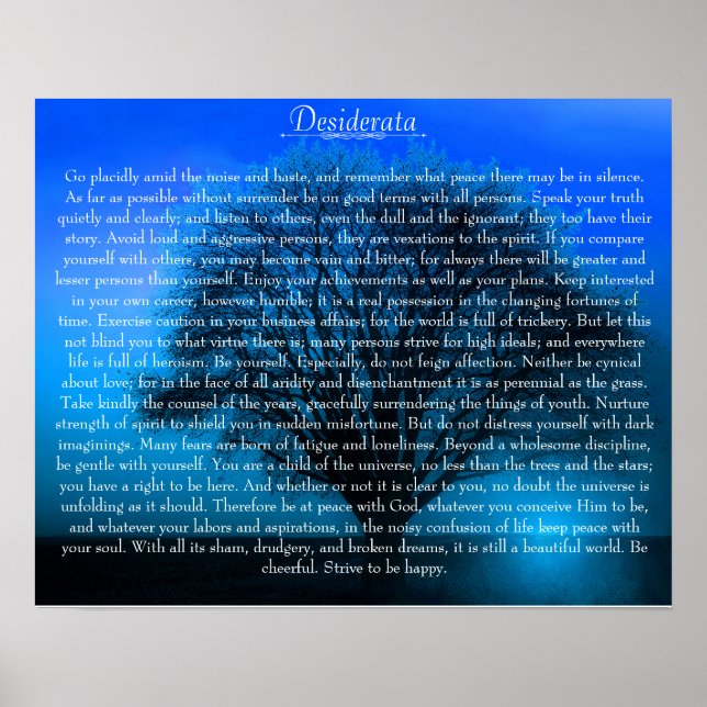 Poster Poema de Desiderata em árvore azul mágica (Frente)