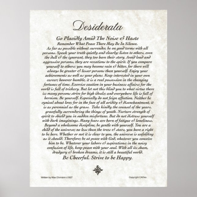 Póster Poema de DESIDERATA=Max Ehrmann=Coleção de Pergami (Frente)