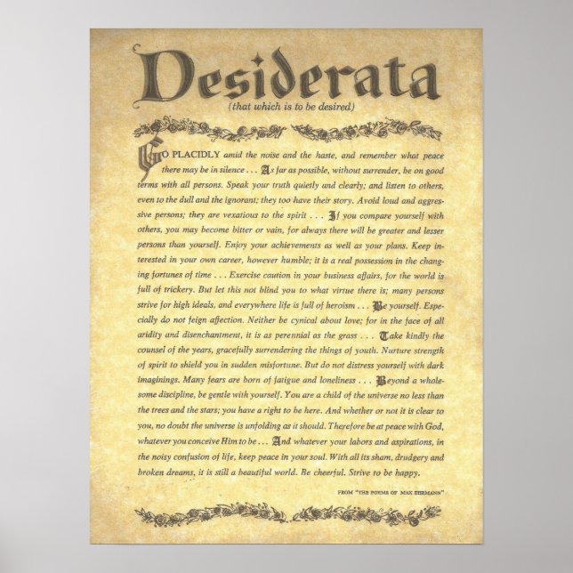 Póster Poema de DESIDERATA=Max Ehrmann=Coleção de Pergami (Frente)