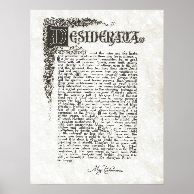Poster Poema de DESIDERATA=Max Ehrmann=Coleção de Pergami (Frente)