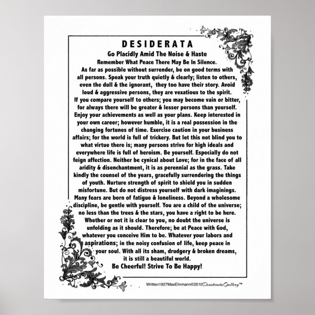 Poster Poema de Desiderata Motivacional por Max Ehrmann (Frente)