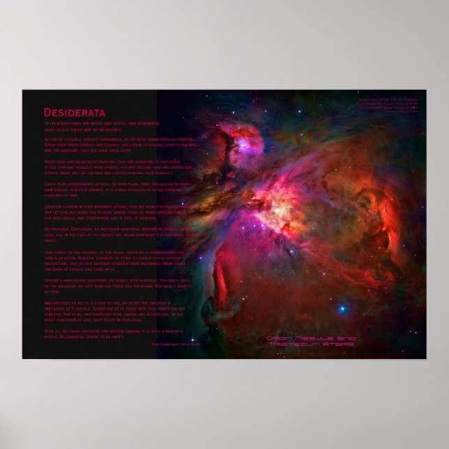Poster Poema de Desiderata - Níbula de Orion e Estrelas d (Frente)